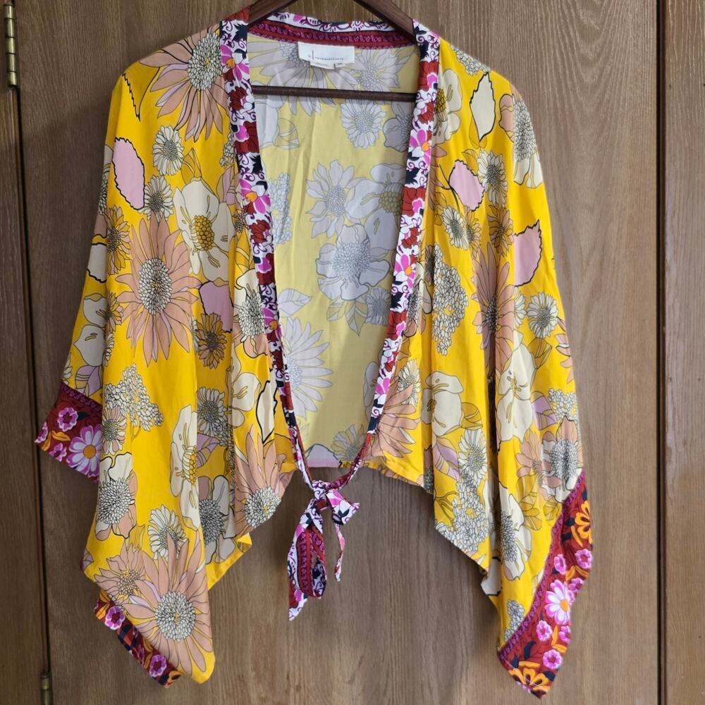 Anthropologie Floral Vibrant Cropped Tie Front Kimono - Picture 2 of 12